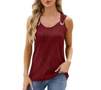 Chemisier uni à manches courtes pour femme - Couleur unie - Col rond - Sans manches - Anneau en métal - Vêtements amples pour la vie quotidienne - Cadeaux de Noël, bordeaux, XL