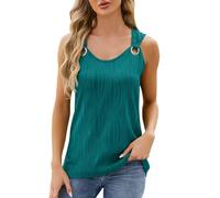 Chemisier uni à manches courtes pour femme - Couleur unie - Col rond - Sans manches - Anneau en métal - Vêtements amples pour la vie quotidienne - Cadeaux de Noël, Vert, XL