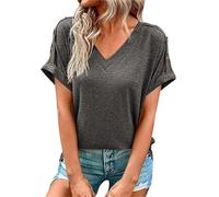 Chemisier uni à manches courtes pour femme - Haut décontracté à manches courtes avec nœud - Coupe ajustée - Col en V - Vêtements pour la vie quotidienne - Cadeaux de Noël, GY2., S