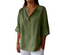 Chemisier uni à manches mi-longues en coton et lin avec col en V pour femme, t-shirt de plage respirant, doux et léger, vêtement décontracté élégant pour intérieur et extérieur, Vert, 3XL