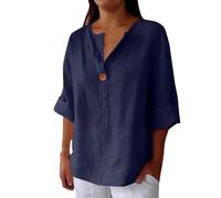 Chemisier uni à manches mi-longues en coton et lin avec col en V pour femme, t-shirt de plage respirant, doux et léger, vêtement décontracté élégant pour intérieur et extérieur, noir foncé, S