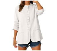 Chemisier Veste Femme Léger Printemps en Lin Coton Lâche Style Bohème Chic Col Mao Manches Longues Blouse Décontractée Haut Vintage Tunique Évasée Tenue de Bureau Casual Top Chic Mode Coréenne
