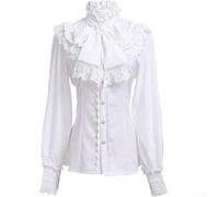 Chemisier victorien vintage avec volants lotus à manches longues pour femme, style gothique Lolita, convient pour les loisirs et les performances (taille L, blanc)