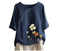 Chemisier vintage pour femme des années 70 - Chemisier avec motif floral - Grandes tailles - Chemisier en lin - Chemisier d'été à manches courtes - Col en V - Tunique en lin - Élégant - Chemisier