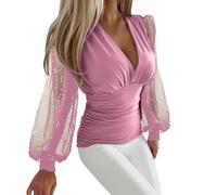 Chemisiers à manches chauve-souris pour femme Coupe bouffante Manches longues Taille élastique Ruched Wrap Low Cut Blouse Chemise Crop Top Afficher ma commande, Rose, L