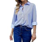 Chemisiers à manches longues à col boutonné pour femmes - Tops pour bureau et travail - Blouse en mousseline chic, Rayures Bleu, S
