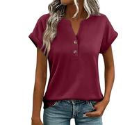 Chemisiers d'été en coton pour femme - Haut à manches courtes - Col en V - Élégante - Coupe ample - Tunique basique à manches courtes - Couleur unie - Hauts Henley décontractés pour sortir en vacances