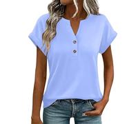 Chemisiers d'été en coton pour femme - Haut à manches courtes - Col en V - Élégante - Coupe ample - Tunique basique à manches courtes - Couleur unie - Hauts Henley décontractés pour sortir en vacances