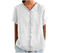 Chemisiers en Coton Et Lin pour Femmes Manche Courte Tee-Shirt Décontractée Amples De Couleur Pure Tee Shirt Élégant Col V Lin Et Coton Chemisier De Grande Taille Tops Blouse D'été