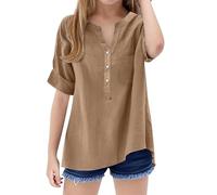 Chemisiers en lin de coton pour filles - Hauts à manches courtes d'été - Col en V - T-shirts à demi-boutons pour adolescentes - Chemisier oversize pour enfants - Haut décontracté uni - Chemisier ample