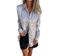 Chemisiers en satin pour femme - Mode d'automne 2024 - Décontracté - Soirée disco - Chemises à paillettes brillantes - Grande taille - Argentées - Manches longues - Boutonnées à paillettes
