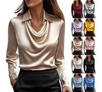 Chemisiers en satin pour femmes, style décontracté et habillé, haut ample à manches longues pour le bureau, col bénitier, manches longues en satin pour le travail et le bureau (Khaki,S)