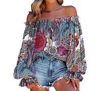 Chemisiers et Blouses Femme À Manches Courtes Sexy col Bateau Blouses Top Femme Imprimé éPaules DéNudéEs Femmes Chic Sexy Épaules Dénudées Hauts Blouses Bohème Camisole Tunique