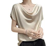 Chemisiers Et Blouses Femme, Chemisier en Satin pour Femme Été Élégant Solide Pull À Col Bénitier Chemises Tops Mode À Manches Courtes Tunique Tops Casual Blouses De Travail en Soie T-Shirts