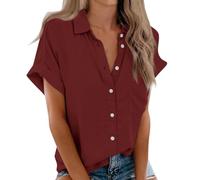 Chemisiers et Blouses Femme, Chemisier Femme Manches Courtes Col V T-Shirt Couleur Unie Été Chemise Casual Chic Blouse Tops Haut pour Femme Léger et Respirant,Vin,L