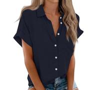 Chemisiers et Blouses Femme, Chemisier Femme Manches Courtes Col V T-Shirt Couleur Unie Été Chemise Casual Chic Blouse Tops T-Shirts D'été pour Femmes,Marin,XXL