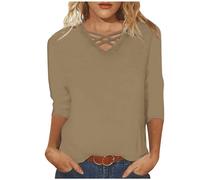 Chemisiers et Blouses Femme Chic et Élégant Tee Shirt Col en V Manches 3/4 T-Shirt Blanc Femmes Vêtements Femme Tenue de Sport Femme Haut de Couleur Unie Grande Taille Tops Printemps Eté