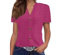 Chemisiers Et Blouses Femme Chic Et Élégant Tunique Chemise Manche Courte Col V Button Blouse Couleur Unie Été Ample Haut Top À Revers Lâche Respirant Chemise Grande Taille T-Shirt