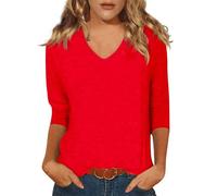 Chemisiers et Blouses Femme Col V Manche 3/4 Couleur Uni Casual 2024 Mode Cosplay Tunique Femme Longue Chic Regular Top Saint Valentin Plein Air Nouvelle Marque Vetement Femme Ete 01 Rouge M