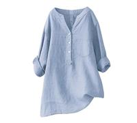 Chemisiers et Blouses Femme Coton et Lin Chemise Décontracté Col en V Tunique Blouse avec Boutonnière Été Manches Longues Chemise Lâche Respirant Blouse Shirts (Light Blue, XL)