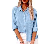 Chemisiers Et Blouses Femme Coton Et Lin Chemise Femme Chic Et Élégant Uni Col V Chemise Hawaienne Femme Manche Longue Chemises Boton Chemise Blanche Femme Pas Chere Mode Bleu Ciel XXL