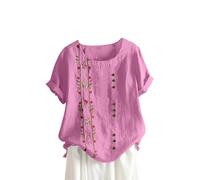 Chemisiers et Blouses Femme Coton Lin Manches Courtes Col Rond T-Shirt a La Mode avec Boutons Hauts Polyvalente Imprimé Floral Tee Shirt Grande Taille Tops Lâche Respirant Vêtements Casual
