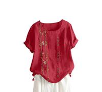 Chemisiers et Blouses Femme Coton Lin Manches Courtes Col Rond T-Shirt a La Mode avec Boutons Hauts Polyvalente Imprimé Floral Tee Shirt Grande Taille Tops Lâche Respirant Vêtements Casual