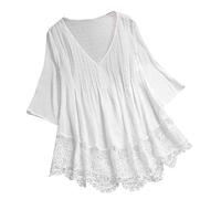 Chemisiers et Blouses Femme Dentelle Chic et élégant Chemise Coton Lin Tee Shirt Manches Courtes Col V Décontracté T-Shirt Blanc Ample Mode Jacquard Haut Casual Travail Femme Tops Tunique Fluide