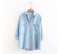Chemisiers Et Blouses Femme, Femmes Longue Tencel Denim Chemise Chemisier Casual Bleu Clair Mince Délavé Col V Chemise Tops Mode 3/4 Manches Chemisiers Boutonnés Bureau Travail Chemisiers Tops AV