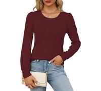 Chemisiers Et Blouses Femme,Women'S Long Length Tunic Tops Front Pleated Crew Neck Autumn Cotton T-Shirts Pullover Casual Loose Long Sleeve Curved Hem Blouse Work Office Daily Wear Claret Xxl