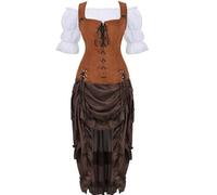 Chemisiers et Blouses Tenue Femme Gilet Robe Pirate Set 3 Pièces Vintage Victorien Rétro Médiévale Renaissance déguisement Halloween Brun 2XL