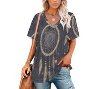 Chemisiers Femme à Manches Courtes Attrape-Rêves Constellation Blouses Col en V d'Été Thème Céleste Tee Tunique Élégant Lâche Hauts Chemise, Grandes Tailles Gris Anthracite
