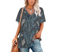 Chemisiers Femme à Manches Courtes Chardon Élégant Blouses Col en V d'Été Style Rétro Tee Tunique Élégant Lâche Hauts Chemise, Grandes Tailles Bleu-Vert