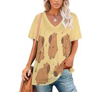Chemisiers Femme à Manches Courtes Notes sur Le Capybara Blouses Col en V d'Été Thème du Chant des Animaux Tee Tunique Élégant Lâche Hauts Chemise, Grandes Tailles Brun