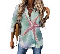 Chemisiers Femme Aquarelle D'Étoile De Mer Chemisier à Manches Courtes et Col en V Style Campagnard Tunique Tops avec Boutons Décontractés Ample Blouse