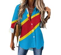 Chemisiers Femme Drapeau De La République Démocratique du Congo Chemisier à Manches Courtes et Col en V Vêtements Patriotiques Tunique Tops avec Boutons Décontractés Ample Blouse