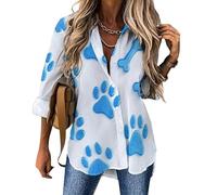 Chemisiers Femme Empreintes De Pattes De Chien Bleu Chemisier à Manches Courtes et Col en V Motif Osseux Tunique Tops avec Boutons Décontractés Ample Blouse