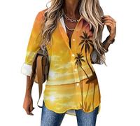 Chemisiers Femme Palmiers De L'Île Chemisier à Manches Courtes et Col en V Coucher De Soleil Tropical Tunique Tops avec Boutons Décontractés Ample Blouse
