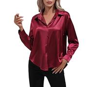 Chemisiers Femmes Manches Longues Satin Chemise Femme Satin Imitation Soie Chemise à Manches Longues Printemps Été Vêtements Européens Américains Femmes Chemisier Taille 50, Bordeaux, XL