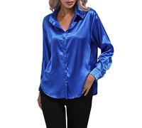 Chemisiers Femmes Manches Longues Satin Chemise Femme Satin Imitation Soie Chemise à Manches Longues Printemps Été Vêtements Européens Américains Femmes Chemisier Taille 50, bleu, S