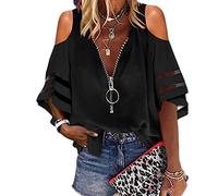 Chemisiers pour femme avec col en V et épaules froides, fermeture éclair, décontracté, en maille, avec col en V, empiècement en maille à manches 3/4, haut ample, tailles S-XXL, f-noir, M