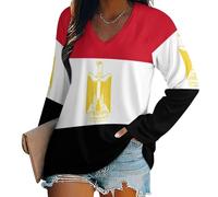 Chemisiers pour Femme T-Shirt Col V À Manches Longues pour Femmes Ample Décontracté Chemisier Drapeau égyptien Tunique Tops Basic Top Blouses - Chic Et Élégant