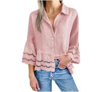 Chemisiers pour femmes, décontractés et élégants, à manches 3/4, col en V, boutons, en dentelle, légers, amples, à découpes, pour l'été, style babydoll, pour la plage et les vacances à la maison, L