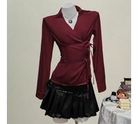 Chemisiers sexy Harajuku pour femmes, col en V, coquette, rouge uni, coupe ajustée, manches longues, nœud papillon, Gyaru, streetwear, décontracté, années 2000, Y2K, tops BLANC