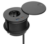 CHENG-Bloc Prise Encastrable USB C PD 20W, Prise Encastrable Plan de Travail Noir avec USB A et C, Câble de 2m, 80 mm de Diamètre