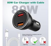 Cheng-Chargeur Voiture Usb 80w Supervooc+Qc30w,Chargeur Voiture Rapide Avec Câble Usb Type C Pour Supervooc Charge Pour Oppo Find X5 X3/2 Neo/Pro/Reno 8/7/6/5 Pro,Realme Gt Neo 2 Pro,Oneplus 11 Nord