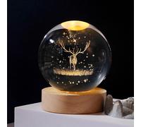CHENG-Décoration de Noël - Boule de cristal 3D avec lumière LED - Boule à neige - Veilleuse - Avec socle en bois - Lampe sphérique gravée au laser USB - Décoration de Noël pour la maison - Cadeau de