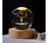 CHENG-Décoration de Noël - Boule de cristal 3D avec lumière LED - Boule à neige - Veilleuse - Avec socle en bois - Lampe sphérique gravée au laser USB - Décoration de Noël pour la maison - Cadeau de