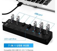 CHENG-Hub USB 3.0 7 Ports avec Interrupteur Séparé et LED, Multi Port USB Hub Alimenté Adaptateur pour Transfert Données De Données & Charge Rapide
