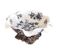 CHENHOJU Blue and White Peony Fruit Plate,Creative Ceramic Fruit Tray with Resin Base,Candy Dishes,Party Snacks Platters for Table Decoration